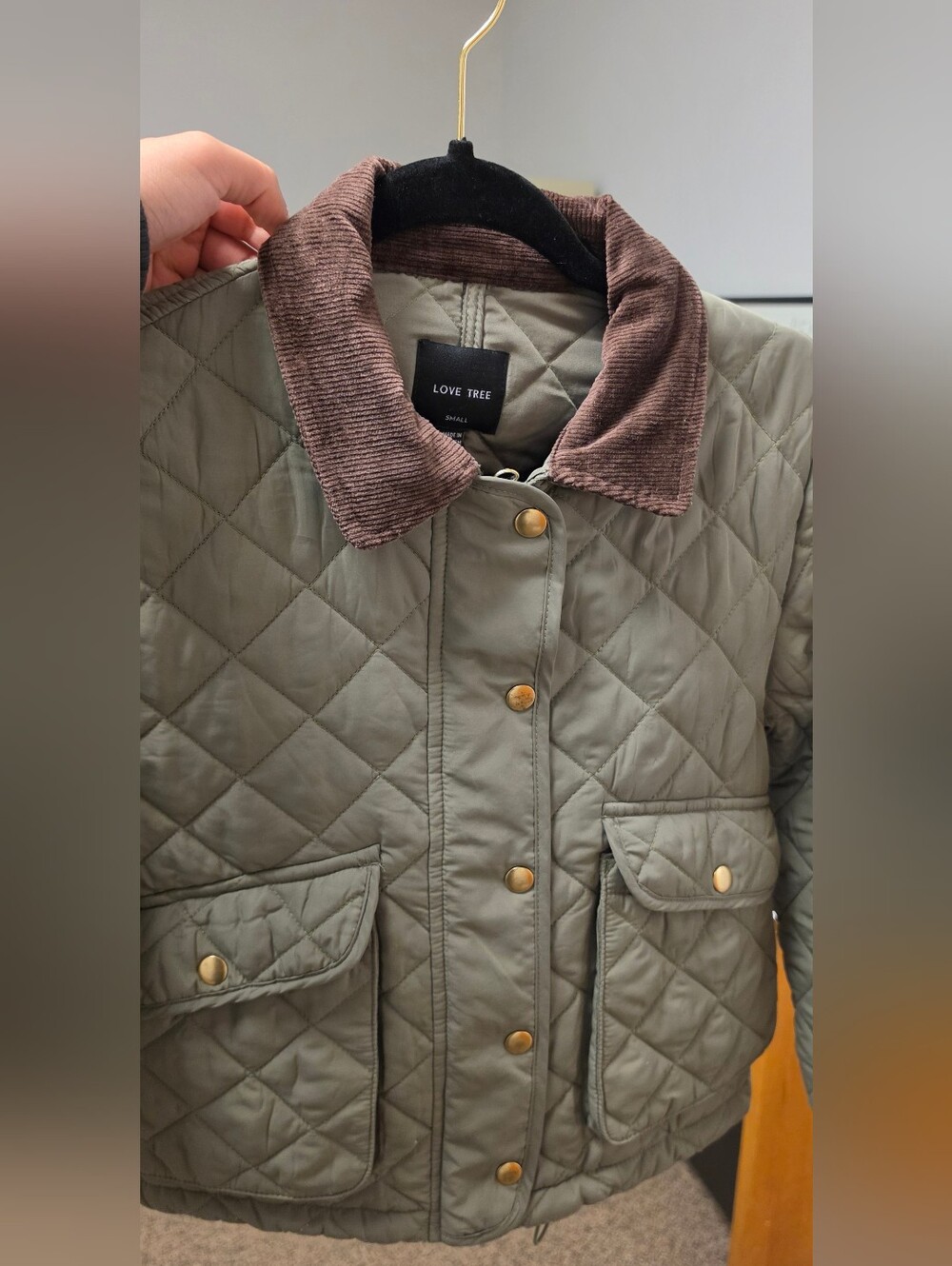 Love Tree Quilted Jacket in Olive Green & Brown Size Small Like New